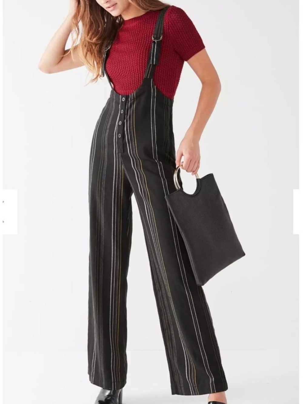 Urban Outfitters Black Pinstripe Button-Front Suspender Jumpsuit Sz XS